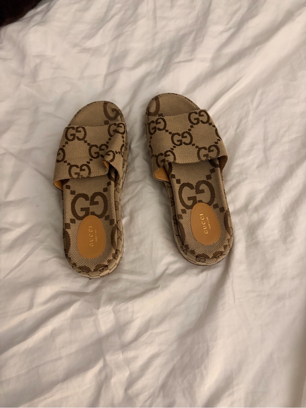 Gucci Brown Beige GG Monogram Slide Sandals